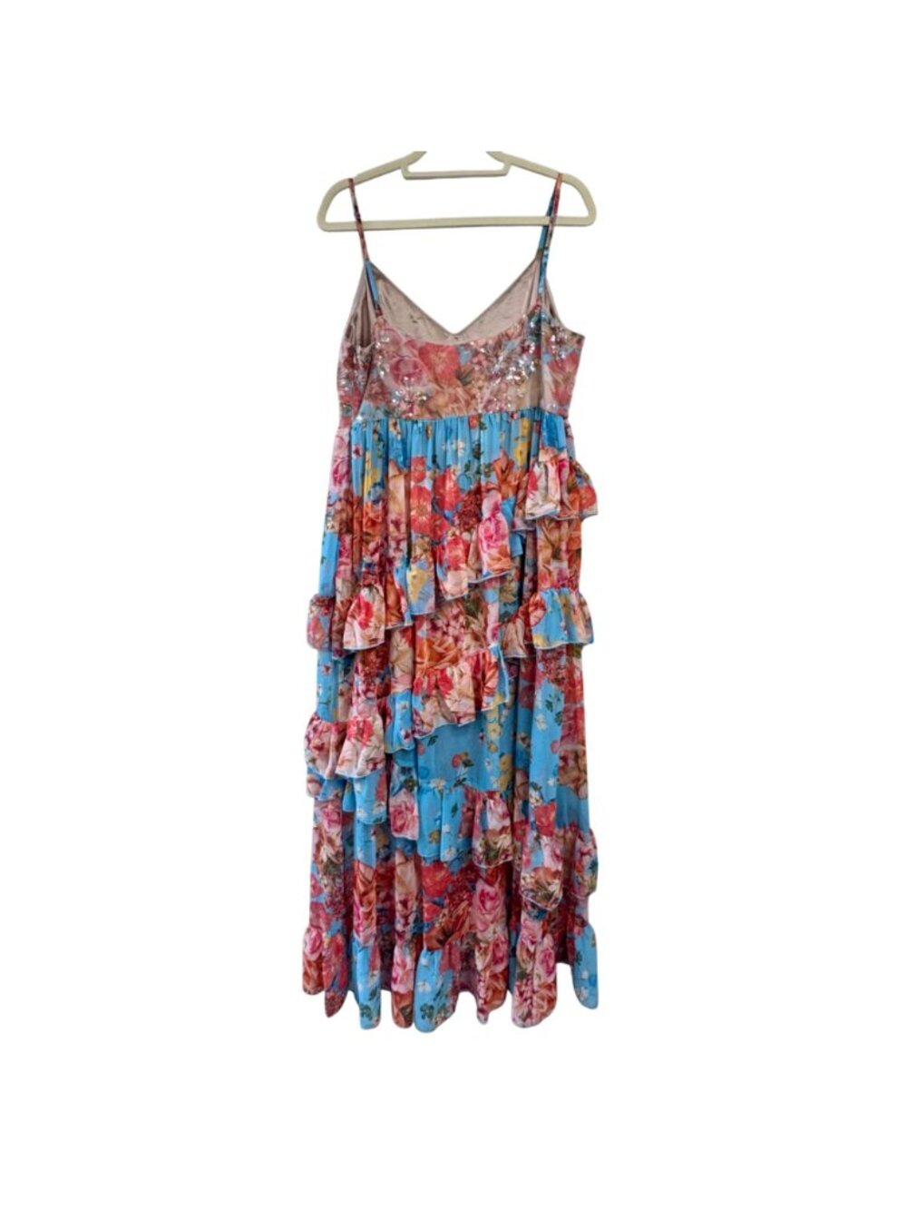 BADGLEY MISCHKA Floral Tiered Maxi Dress Womens 16 Fancy Coral Blue Ruffles - Picture 2 of 12